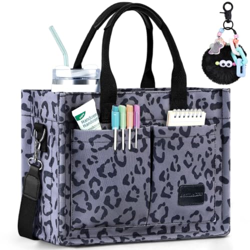 BECOJADDE Structured Canvas Tote Bag for Women, Multi-Compartment Zippered Purse for Work Bible Travel - color: Leopard Gray, size: Medium