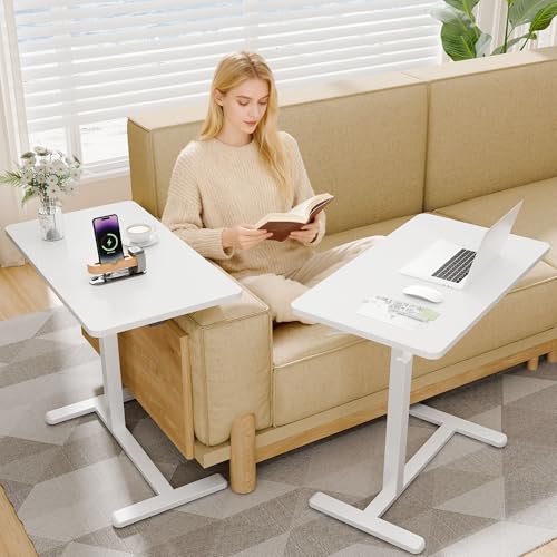 YESHOMY Adjustable Bedside Table with Wheels, Phone Stand, Cup Holder and Headphone Hook, Adjustable Height Side Table, Hospital and Home Use, White - color: White, size: 31.5 Inch