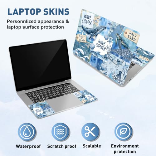 PLIGREAT 15 Inches Laptop Decal Sticker Skin Cover, Ocean Scrapbook Design Laptop Sticker Decals Fits 12" to 15" Laptops Universal Waterproof Removable, Blue Brown - color: Blue Brown