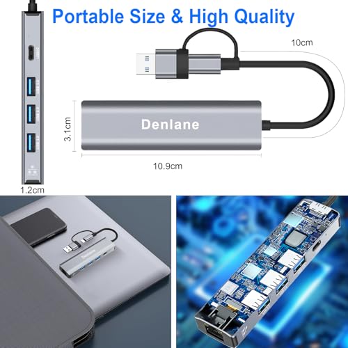 USB C USB 3.0 to Ethernet Adapter, 5 in 2 Gigabit USB Ethernet Hub for Laptop with 4-Port USB-A 3.0 and USBC, 1000Mbps RJ45 LAN Network Adapter Compatible with MacBook/iPad Pro/Phone/Tablet - size: 1000 Mbps