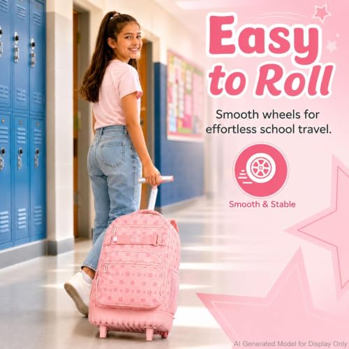 3Pcs Rolling Backpack for Girls Women, School Kids Roller Bookbag with Wheels, Wheeled Backpacks Set for Elementary (Pink) - color: Star Pink