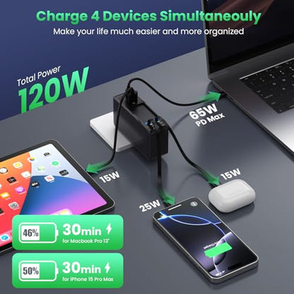 120W USB C Charger Block with 2 Built-in Retractable Cables,4-in-1 GaN IV Foldable Plug Wall Charger Fast Charging Station,PD 65W Laptop Adapter for MacBook/iPad,iPhone 16/15/14,Android (Black) - color: Matte Black