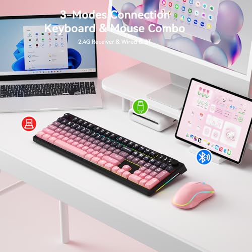 Wireless Keyboard and Mouse Combo, RGB Backlit Rechargeable 2000 mAh Battery, Wireless Computer Keyboards, Tri-Mode Bluetooth/2.4GHz/USB-C Custom Creamy Keyboard, RGB Backlit Media Knob (White-Pink) - color: Gradient pink