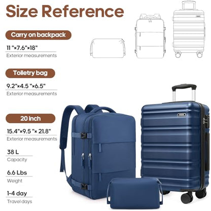 3 Piece Luggage Set, 20 Inch Carry On Luggage 22x14x9 Airline Approved, Hardside Suitcases with Wheels, Suitcase Set with YKK Zipper&TSA Lock, Travel Set - color: Navy Blue, size: 3 piece set (20inch)