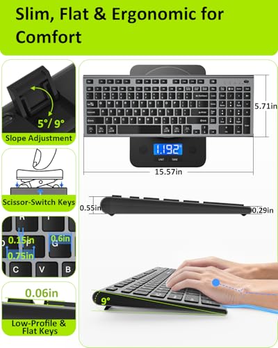 FENIFOX Wireless Silent Keyboard, Ultra Quiet USB C Low Profile Compact Full Size with Number Pad Flat Slim Thin Soft Touch for Mac Computer MacBook iMac PC Laptop Desktop Office (Black and Grey) - color: Black and Grey