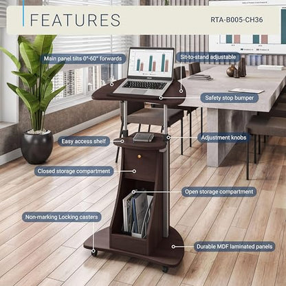 Techni Mobili Sit-to-Stand Rolling Adjustable Storage Medical Laptop Computer Cart, Chocolate, B005 | Adjustable height rolling laptop cart with storage, open shelf, wheels, sit‑to‑stand ideal for podium office medical use - color: Chocolate