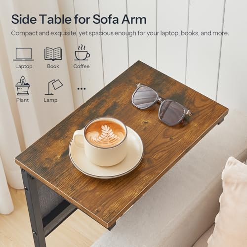HOOBRO C Shaped End Table with Charging Station, 28" H Couch Side Table Slide Under, Sofa Arm Tray Table with Storage Bag for Living Room, Recliner, Rustic Brown BF70USF01 - color: Rustic Brown