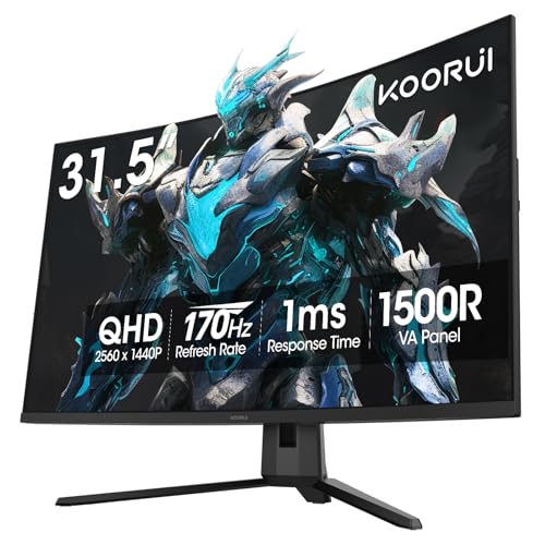 KOORUI 32 inch Curved Gaming Monitor, QHD 170Hz, 1ms 1500R Display | 2560×1440 Monitor, Adaptive Sync, 90% DCI-P3, HDMI×2 and DP, VESA, FPS & Console Gaming, Immersive Gaming, Home Entertainment - size: 32inch 170Hz/QHD/Curved