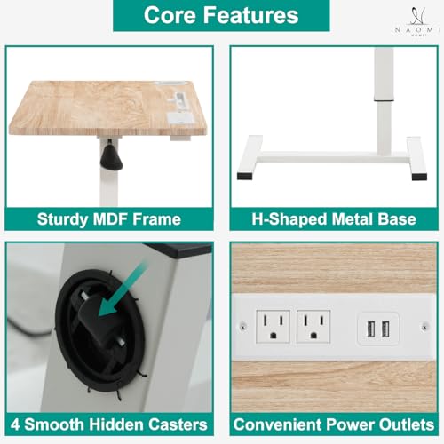 Naomi Home Adjustable Overbed Table with Charging Station, Rolling Hospital Bedside Table with Wheels, Height Adjustable Bed Desk for Laptop, Meals & Recovery Care Natural White - color: Natural, White
