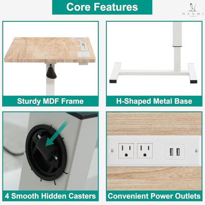 Naomi Home Adjustable Overbed Table with Charging Station, Rolling Hospital Bedside Table with Wheels, Height Adjustable Bed Desk for Laptop, Meals & Recovery Care Natural White - color: Natural, White