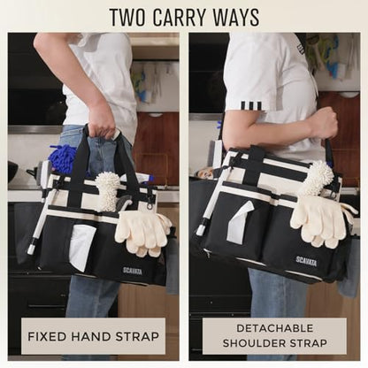 SCAVATA Compact Wearable Cleaning Caddy with Handle & Shoulder Straps | Small Cleaning Supplies Organizer, Under Sink & Car Cleaning Tools Storage Bag for Housekeepers Cleaners, Cream White - color: CreamWhite