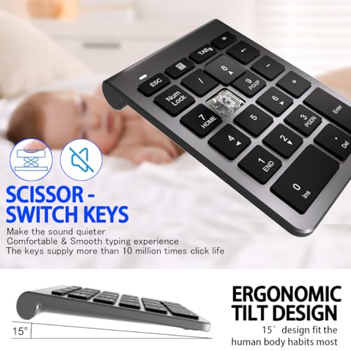 Bluetooth Number Pad, Wireless Numeric Keypad with 22 Keys - Portable Numpad for Laptop/Desktop/MacBook/Surface Pro/Windows/Android/iOS - Quiet Keys 33ft Range & Ergonomic Design