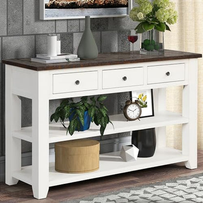 48’’ Modern Farmhouse Wood Entryway Console Table w/Storage, Antique White | 3-Tier Sofa Table Behind Couch, 3 Drawers, 2 Open Shelves, Easy Assembly, for Living Room, Dining, Hallway - color: Antique White