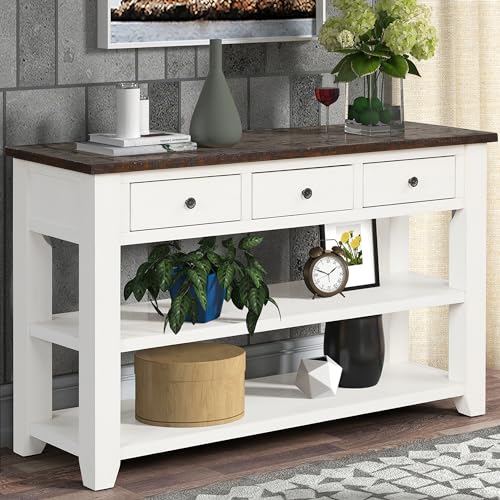 48’’ Modern Farmhouse Wood Entryway Console Table w/Storage, Antique White | 3-Tier Sofa Table Behind Couch, 3 Drawers, 2 Open Shelves, Easy Assembly, for Living Room, Dining, Hallway - color: Antique White
