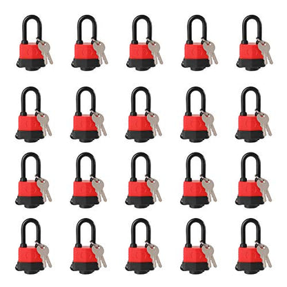 Heavy Duty Covered Laminated Steel Keyed Padlocks, Keyed Alike Locks, Waterproof Padlock for Outdoor use, 1-9/16 inch Wide Body, Long Shackle-Pack of 20 - color: Pack of 20 LS (Waterproof)