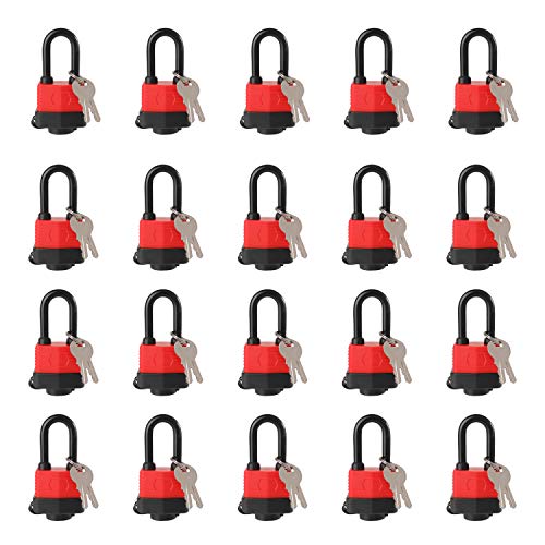 Heavy Duty Covered Laminated Steel Keyed Padlocks, Keyed Alike Locks, Waterproof Padlock for Outdoor use, 1-9/16 inch Wide Body, Long Shackle-Pack of 20 - color: Pack of 20 LS (Waterproof)