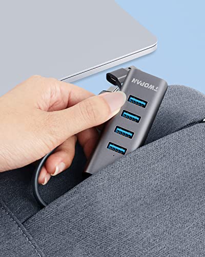 TWOPAN 4-Port USB 3.0 Hub for Laptop, Aluminum Alloy, USB-A & USB-C Plugs, 5Gbps Data Transfer, Compatible with MacBook Pro/Air, iMac, iPhone 16/15, Desktops, Tablets, Keyboard, Mouse, Mobile HDD - color: Grey AC
