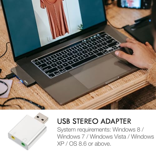 USB External Stereo Sound Card Adapter with Headphone and Microphone Jack Plug and Play USB Audio Converter for Laptop Desktop Silver Aluminum Alloy
