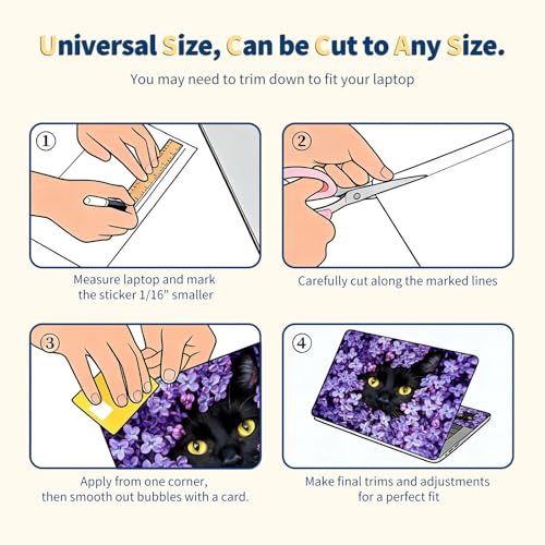 Universal Laptop Skin for 13-16 Inch Laptops,Vinyl Protective Sticker Decal,Easy DIY Trim-to-Fit for HP/Dell/MacBook,Bubble-Free & Removable,Black Cat Purple Flower - color: Black Cat Purple Flower