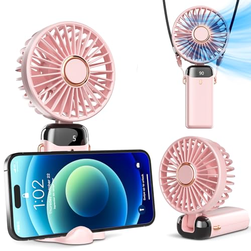 Koonie Handheld Fan, 5 Speeds, 8H Battery, 90° Tilt, Rechargeable, Pink | Digital display, 8-hour runtime, 90° adjustable tilt, battery operated, portable, for indoor & outdoor use - color: pink
