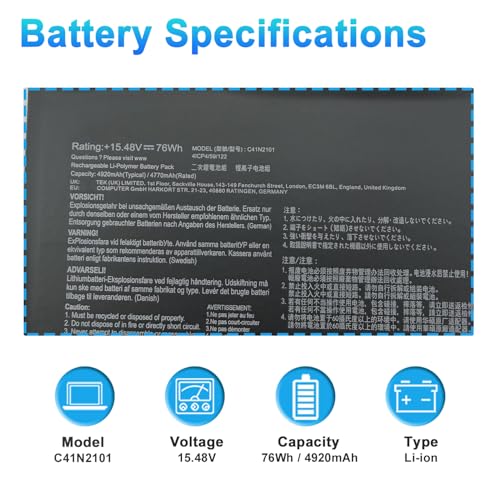 76Wh C41N2101 Latop Battery Replacement for ASUS ROG Zephyrus G14 GA402 GA402R GA402RJ GA402NI GA402NJ GA402NV Zenbook Pro 14 UM6702RA UX8402ZA 15X K6501ZM M6501RR TUF Dash F15 FX517 - size: 13.97*3.30*0.29inch C41N2101