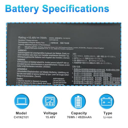 76Wh C41N2101 Latop Battery Replacement for ASUS ROG Zephyrus G14 GA402 GA402R GA402RJ GA402NI GA402NJ GA402NV Zenbook Pro 14 UM6702RA UX8402ZA 15X K6501ZM M6501RR TUF Dash F15 FX517 - size: 13.97*3.30*0.29inch C41N2101