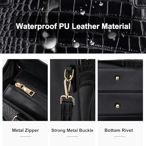 MOSISO Laptop Tote Bag for Women, 15.6 inch PU Leather Laptop Bag | Waterproof Crocodile Grain Shoulder Bag with Clutch Purse, Large Capacity Teacher Work Handbag for Business Office, Black