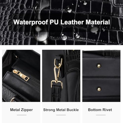 MOSISO Laptop Tote Bag for Women, 15.6 inch PU Leather Laptop Bag | Waterproof Crocodile Grain Shoulder Bag with Clutch Purse, Large Capacity Teacher Work Handbag for Business Office, Black