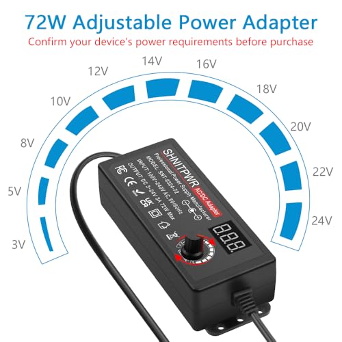 SHNITPWR 3V ~ 24V 3A 72W Power Supply Adjustable DC 3V 5V 6V 9V 12V 15V 16V 18V 19V 20V 24V Variable Universal AC/DC Adapter 100V-240V AC to DC Converter with 14 Tips 5.5x2.5mm 4.0x1.7mm 3.5x1.35mm - color: Black