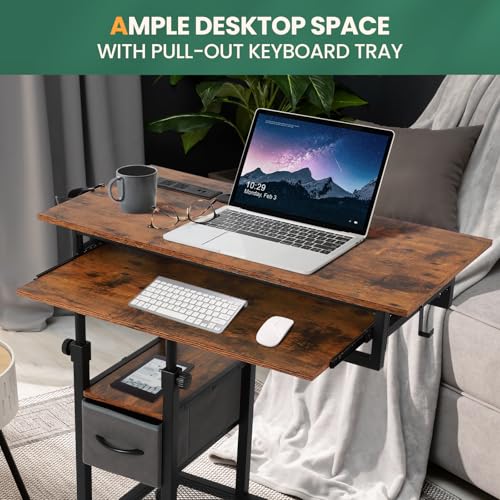 FAHKNS Adjustable C Table with Charging Station, Tiltable Desk C Shaped End Table for Couch, Over Bed Table with Wheels Adjustable Height, Hospital Laptop Stand Drawing Desk