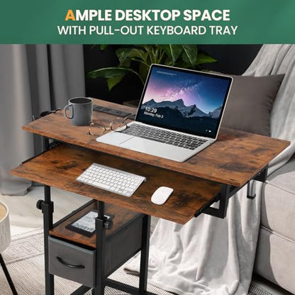 FAHKNS Adjustable C Table with Charging Station, Tiltable Desk C Shaped End Table for Couch, Over Bed Table with Wheels Adjustable Height, Hospital Laptop Stand Drawing Desk