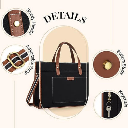 Missnine Laptop Tote Bag Canvas Laptop Bag 15.6 inch Work Shoulder Bags Casual Briefcase Handbag for Travel, Office, College (Black+Brown) - color: Black+brown