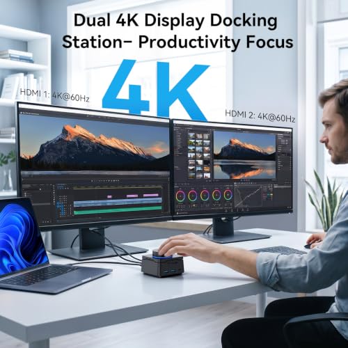 TobenONE Laptop Docking Station Dual Monitor,DIY Programmable Shortcuts | USB C Docking Station with Volume Knob,2×4K HDMI,5 USB,100W PD,Ethernet,SD/TF, Audio,for Multi-Screen Users at Home & Office