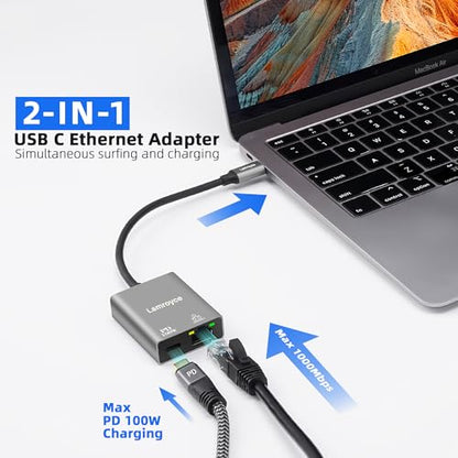 USB-C to Ethernet Gigabit Adapter with 100W Power Delivery, USB 3.1 Type-C to RJ45 1000Mbps Ethernet LAN Network Dongle Adapter, Charging and Surfing 2 in 1 for PC, Laptop, Tablet, Smartphone