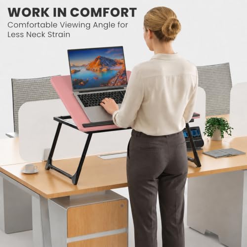 Laptop Bed Desk, 5-Angle Adjustable Bed Laptop Table with Cup Holder | Foldable Laptop Stand for Couch & Sofa, Portable Laptop Tray for Adults Writing Reading Eating, Pink - color: Pink