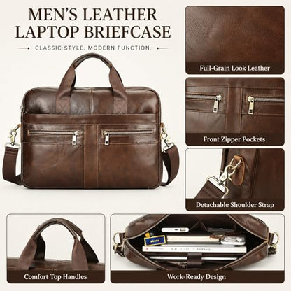 Men's Leather Laptop Bag 15 IN, Water-Resistant Briefcase Messenger Bag for Work, Business, Shoulder Crossbody Office Satchel - color: Brown-3