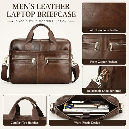 Men's Leather Laptop Bag 15 IN, Water-Resistant Briefcase Messenger Bag for Work, Business, Shoulder Crossbody Office Satchel - color: Brown-3