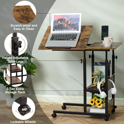 Hadulcet Adjustable C Table with Charging Station, Tiltable Desk C Shaped End Table for Couch, Over Bed Table with Wheels Adjustable Height, Hospital Table Laptop Stand Drawing Desk, Rustic Brown - color: Romantic Brown, style: Upgrade