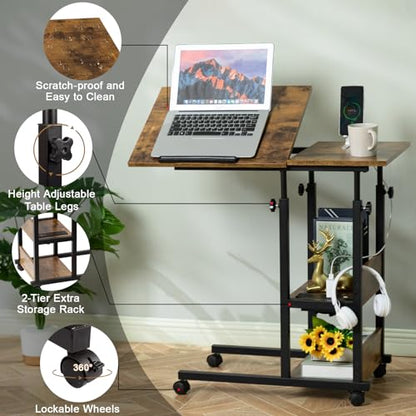 Hadulcet Adjustable C Table with Charging Station, Tiltable Desk C Shaped End Table for Couch, Over Bed Table with Wheels Adjustable Height, Hospital Table Laptop Stand Drawing Desk, Rustic Brown - color: Romantic Brown, style: Upgrade