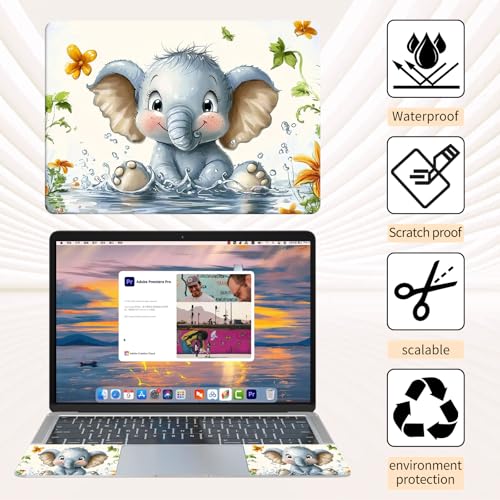 Laptop Skin Sticker 3-Piece Set,Baby Elephant | Trim-to-fit 3-piece vinyl set with one 15 x 10.6 in lid skin and two palm-rest decals for many 12-15.6 in laptops - color: Baby Elephant