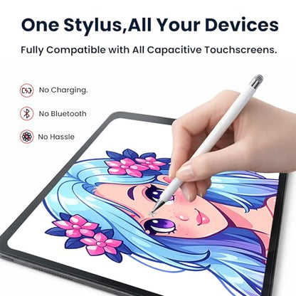 Stylus Pen with Adhesive Holder, Compatible with Skylight Calendar, 2-in-1 Dual Tip (Mesh & Disc) Stylus for Tablet & Smart Digital Calendar, No Charging, Always Attached, White