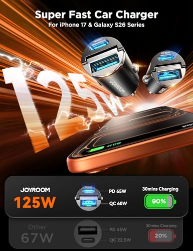 JOYROOM 2-Pack USB C Car Charger [Flush & Pull Ring] 65W PD + 60W QC Dual-Port Car Cigarette Lighter Charger, Fast Car Charger for iPhone 17/16/15 Series, Galaxy S26/25/24, MacBook Air, iPad and More