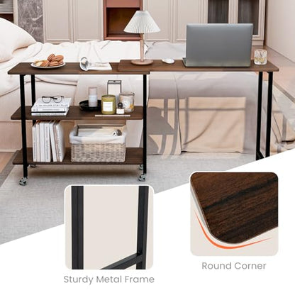 Giantex 360° Free Rotating Sofa Side Table, Mobile L-Shaped Laptop Desk with Sturdy Metal Frame, 6 Universal Casters, Movable Couch Snack Table with 2-Tier Storage Shelf for Home (Walnut) - color: Walnut