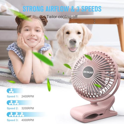 BESKAR Small Clip on Fan, 3 Speeds USB Fans with Strong Airflow, Clip & Desk Fans USB Plug in with Sturdy Clamp - Ultra Quiet operation Fan for Office Dorm Bedroom Stroller - color: Full Pink