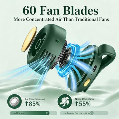 Portable Clip-On Fan, Mini Bladeless Waist Fan, 5100RPM 25dB Ultra-Quiet 3-Speed Rechargeable Small Whirlwind Fan, Hands-Free Personal Cooling for Outdoor Travel Office Camping with USB-C - color: Green