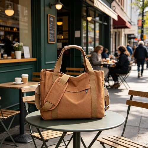 JARKJARD Canvas Crossbody Tote Bag for Women Laptop Work Handbag | Cute Aesthetic Shoulder Messenger Purse with Zipper Pockets and Compartments Great for Daily Travel and Office use - color: Brown