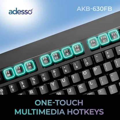 Adesso Fingerprint Keyboard, Full Size, AKB-630FB-TAA | TAA Compliant, AES 256 Encryption, USB Wired, 104 Key Layout, Windows Hello Compatible, Made in Taiwan, Government, Business