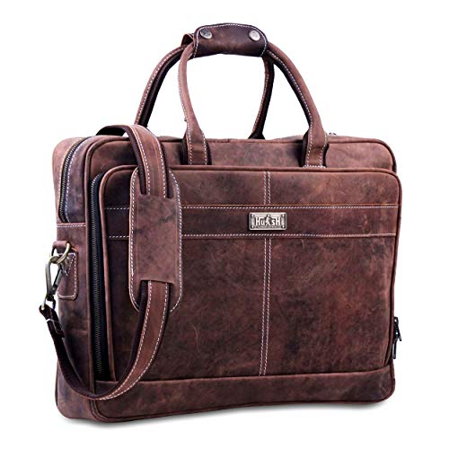 18 Inch Leather Laptop Bag for Computer Bag for Men– Supple Genuine Leather Briefcases for Men W/Padded Laptop Case Leather - color: Brown