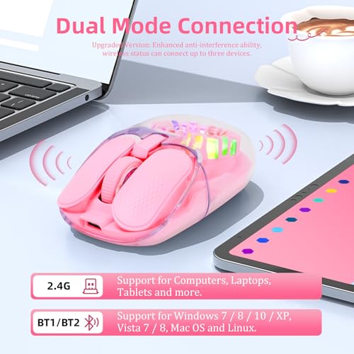 Wireless Bluetooth Mouse, Transparent BT+2.4G Dual-Mode Gaming Mouse with Magnetic Top Cover, Rechargeable RGB Backlit Computer Mouse for Laptop, PC, MacBook, iPad (Pink) - color: Pink
