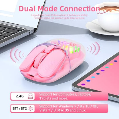 Wireless Bluetooth Mouse, Transparent BT+2.4G Dual-Mode Gaming Mouse with Magnetic Top Cover, Rechargeable RGB Backlit Computer Mouse for Laptop, PC, MacBook, iPad (Pink) - color: Pink